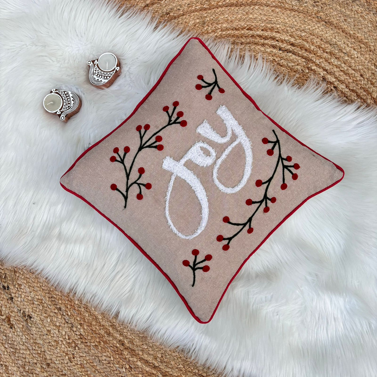 Christmas Themed Cotton Embroidered Cushion Cover, Size:40cm X 40cm (16" X 16")