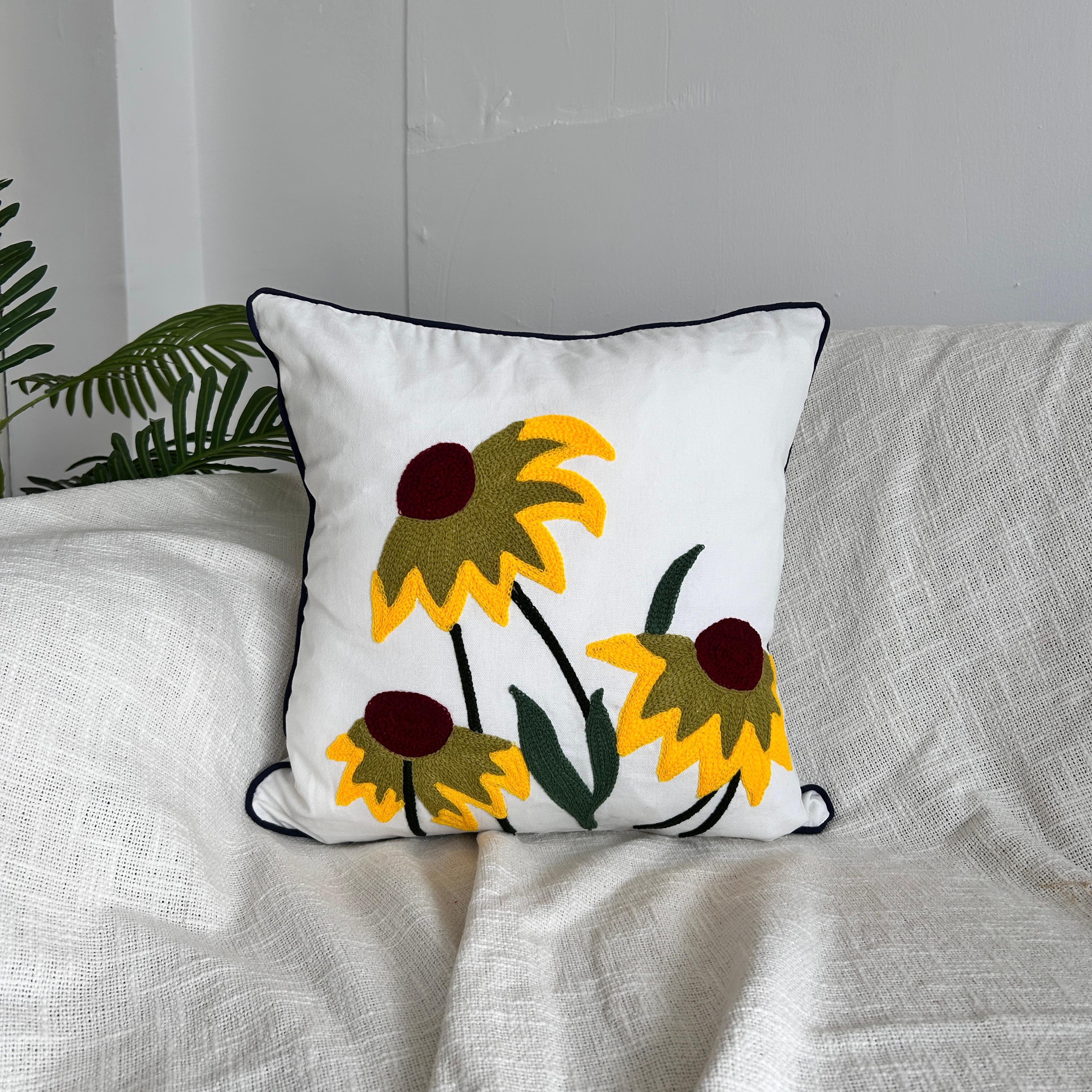 Sunlit Blossoms - Cotton Embroidered Cushion Cover, 40cm X 40cm (16" X 16")