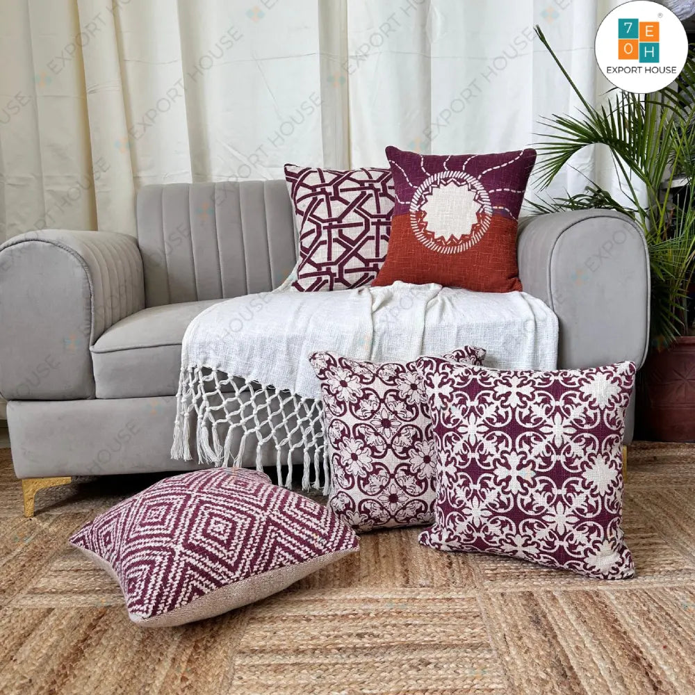 Cotton Printed Cushion Cover - Surplus set of 5, Size:40cm X 40cm (16" X 16")
