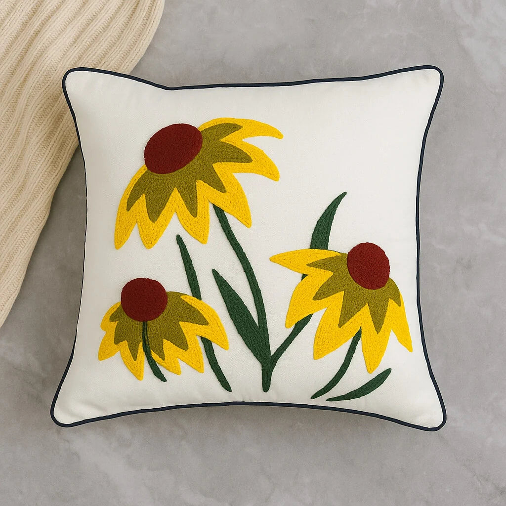 Sunlit Blossoms - Cotton Embroidered Cushion Cover, 40cm X 40cm (16" X 16")
