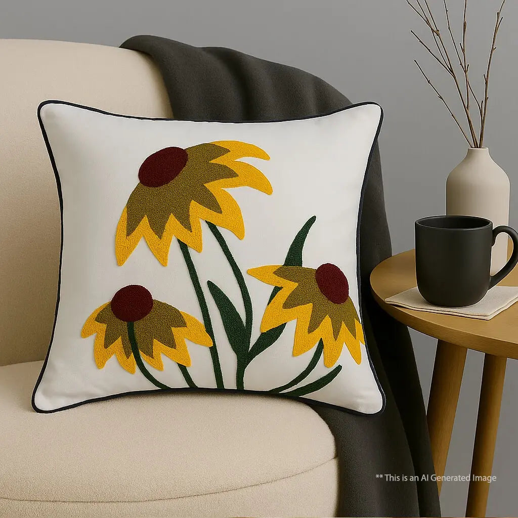 Sunlit Blossoms - Cotton Embroidered Cushion Cover, 40cm X 40cm (16" X 16")