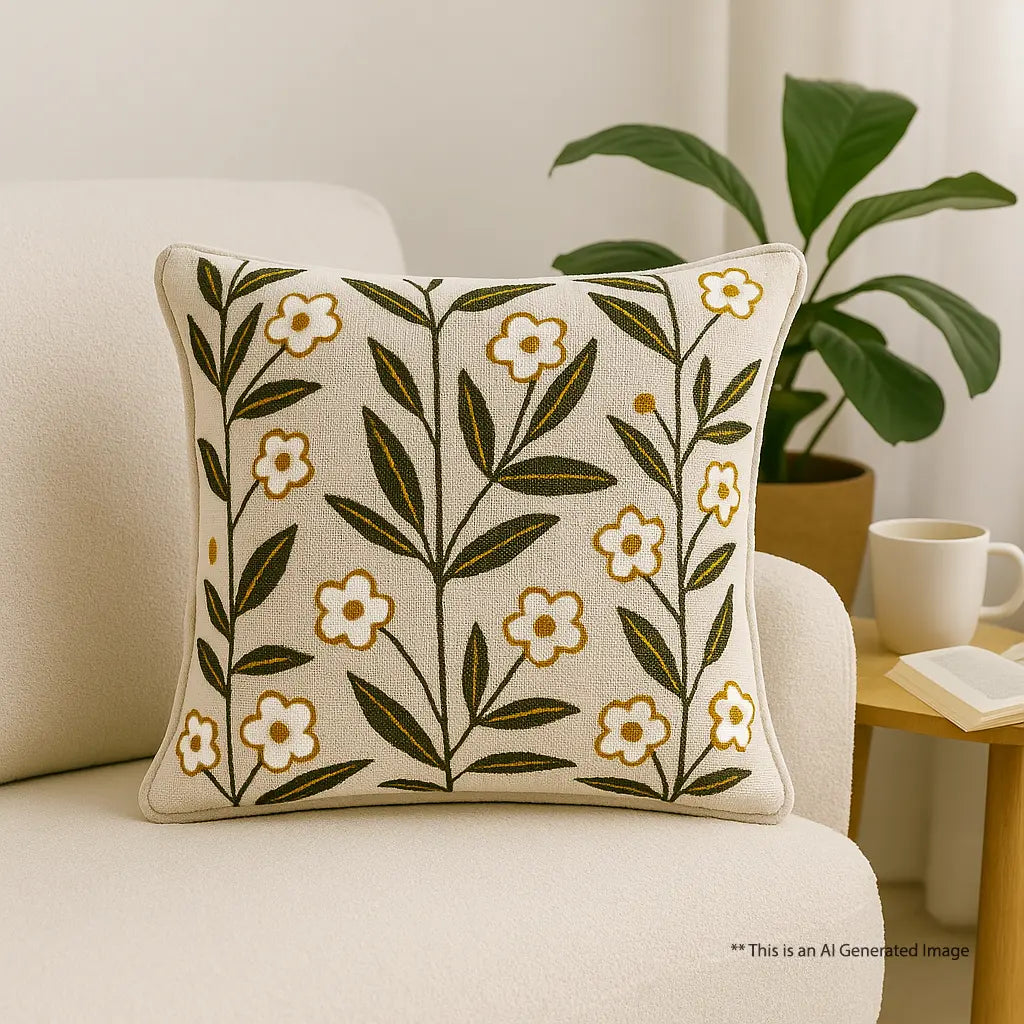 Slub-Cotton Embroidered Cushion Cover, 40cm X 40cm (16" X 16")