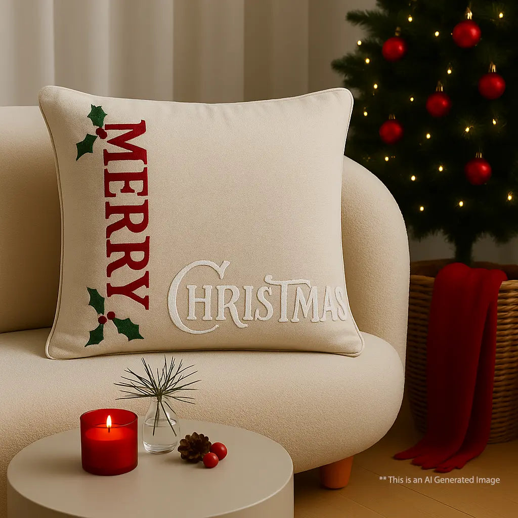 Christmas Themed Cotton Embroidered Cushion Cover, Size:40cm X 40cm (16" X 16")