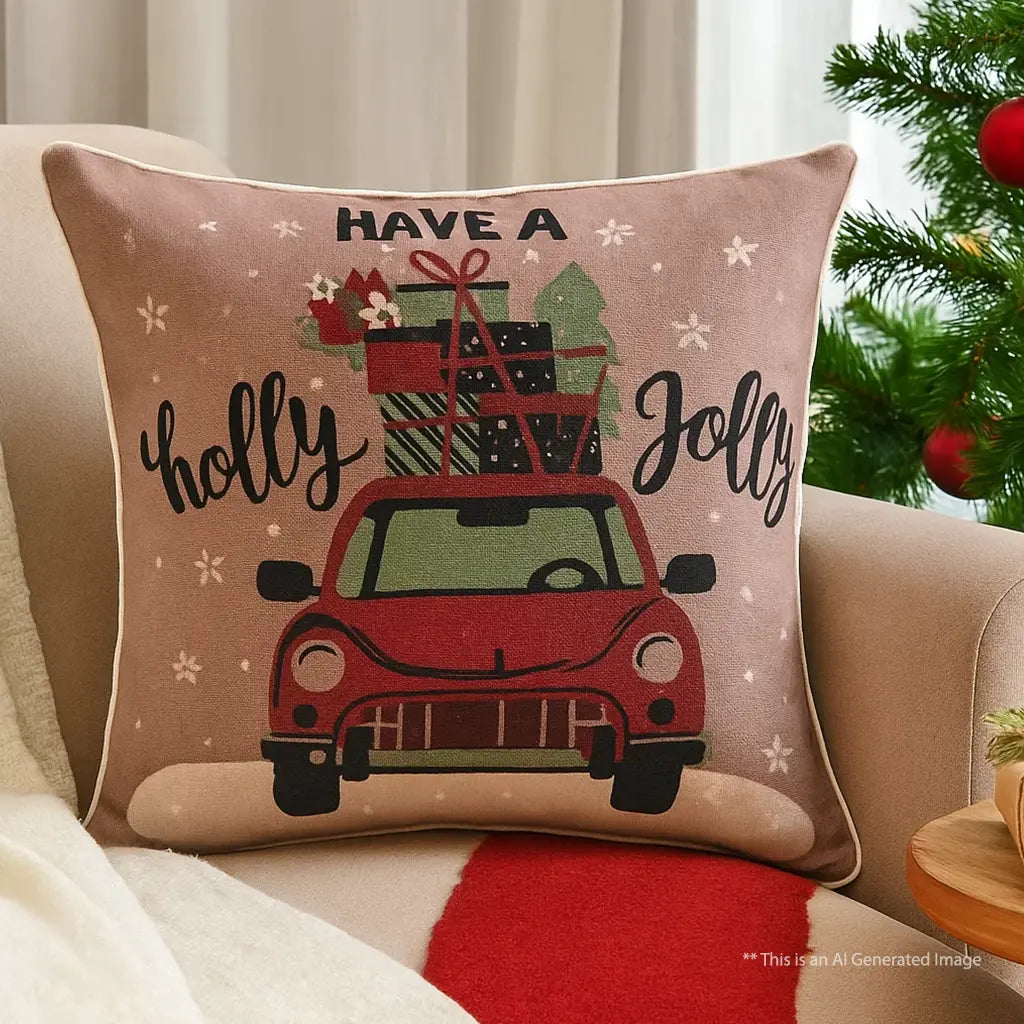 Christmas Themed Cotton Printed Cushion Cover, Size:40cm X 40cm (16" X 16")