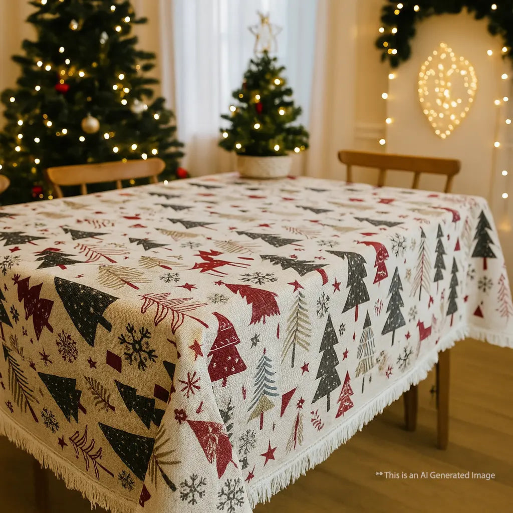 Christmas Themed Cotton Printed Cotton Dining Sheet, Size:152cm x 228cm (60" x 90")