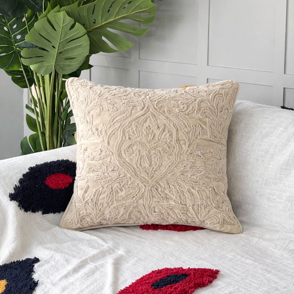 Cream Damask Embroidered Cushion Cover