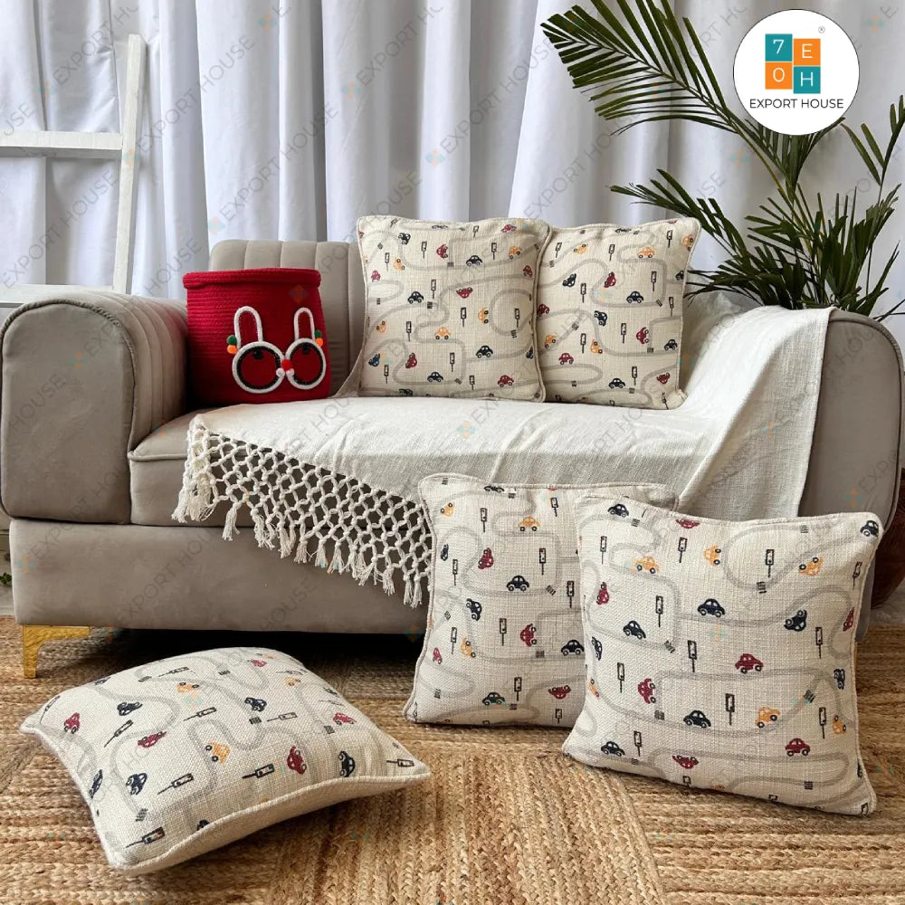 Slub-Cotton Printed Kids Room Cushion Cover, Size:40cm X 40cm (16" X 16")