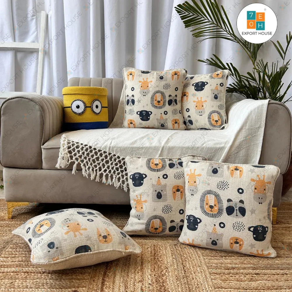 Slub-Cotton Printed Kids Room Cushion Cover, Size:40cm X 40cm (16" X 16")