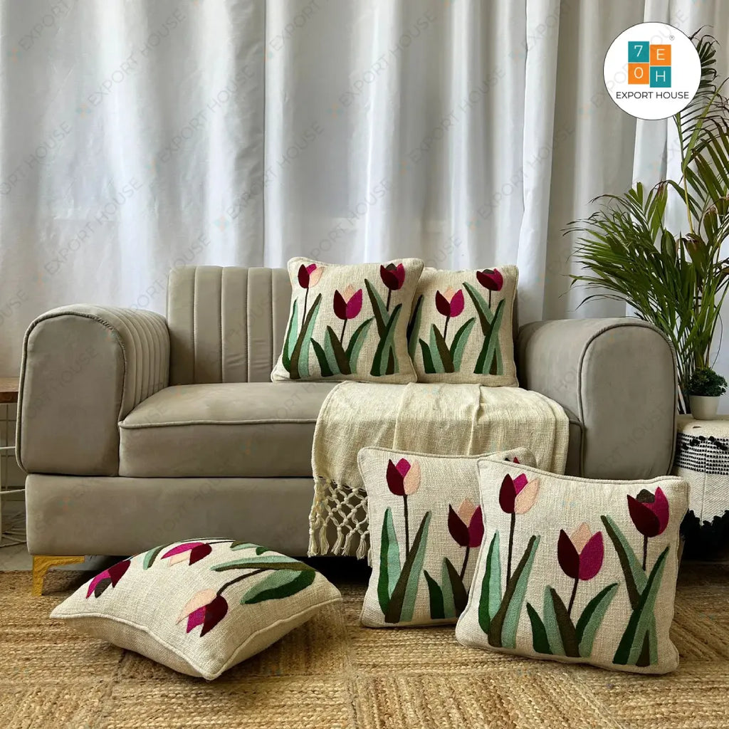 Export House Premium Slub-Cotton Embroidered Cushion Cover - Size:40cm X 40cm (16" X 16")